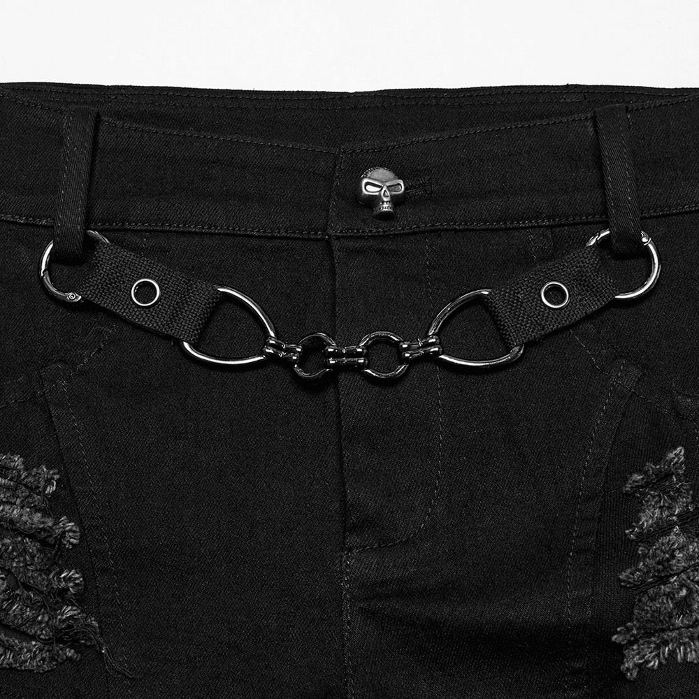 Edgy Denim Shorts with Removable Chain and Grommet Details