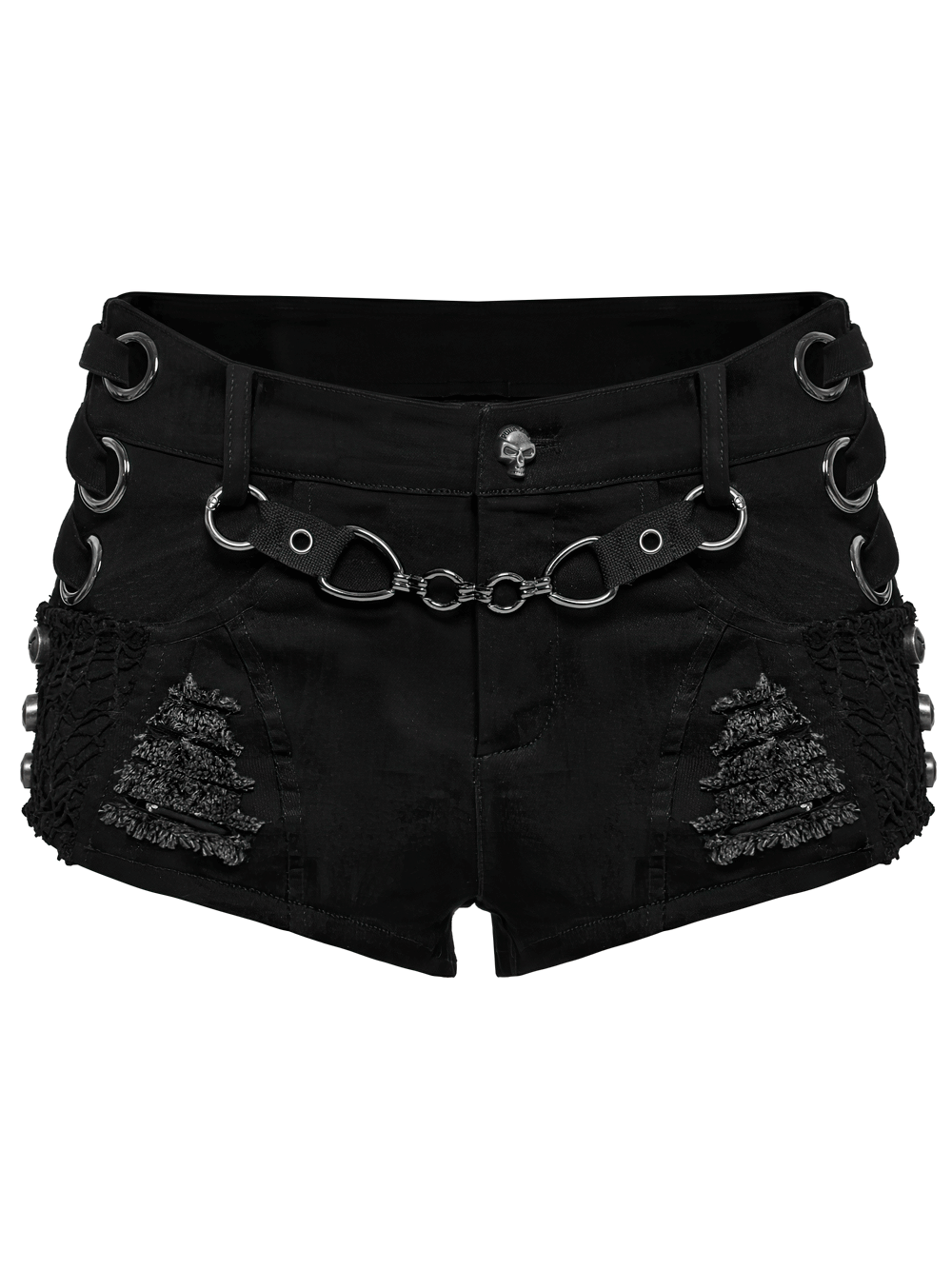 Edgy Denim Shorts with Removable Chain and Grommet Details