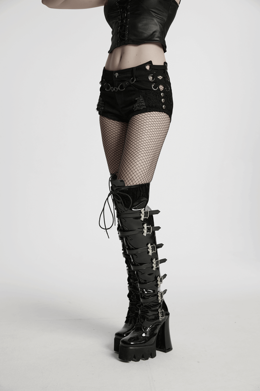 Edgy Denim Shorts with Removable Chain and Grommet Details