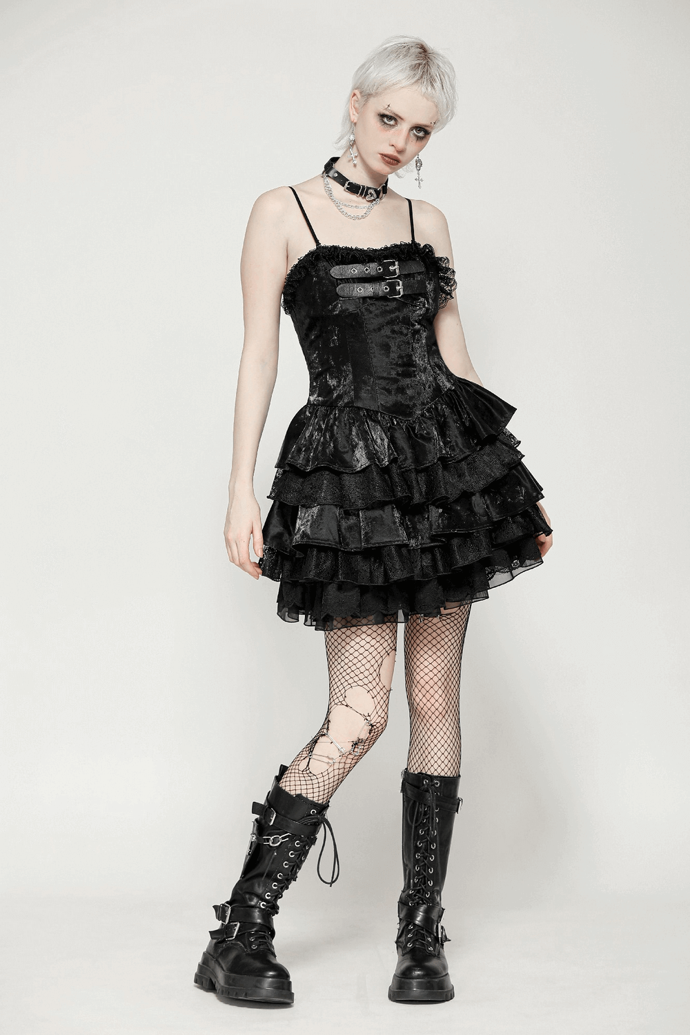 Edgy Layered PU Leather Punk Dress with Ruffle Lace Trim