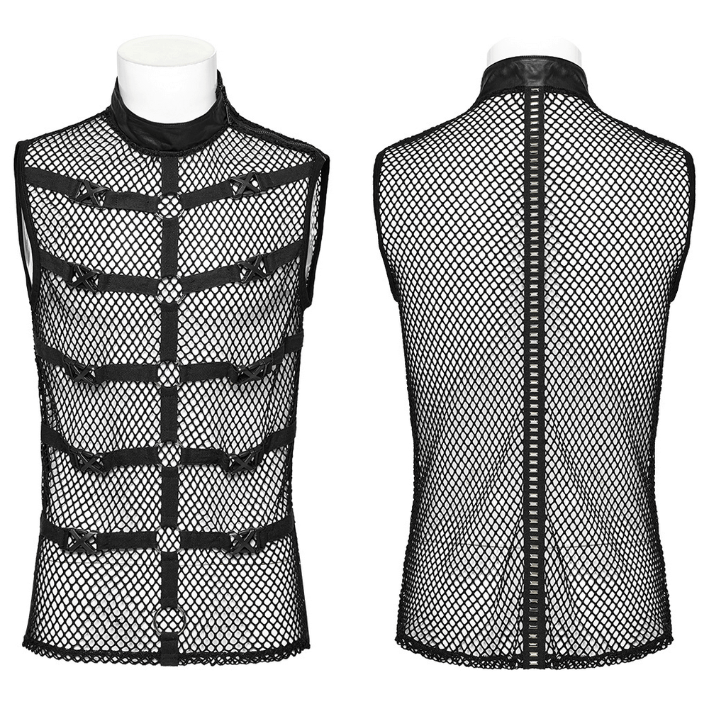 Edgy Male Mesh Vest with Rubber Buckles and Iron Rings