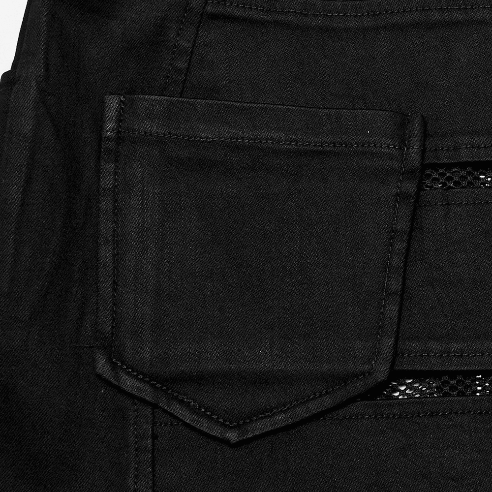 Edgy Mini Denim Skirt with Elastic Belt and Mesh Inserts