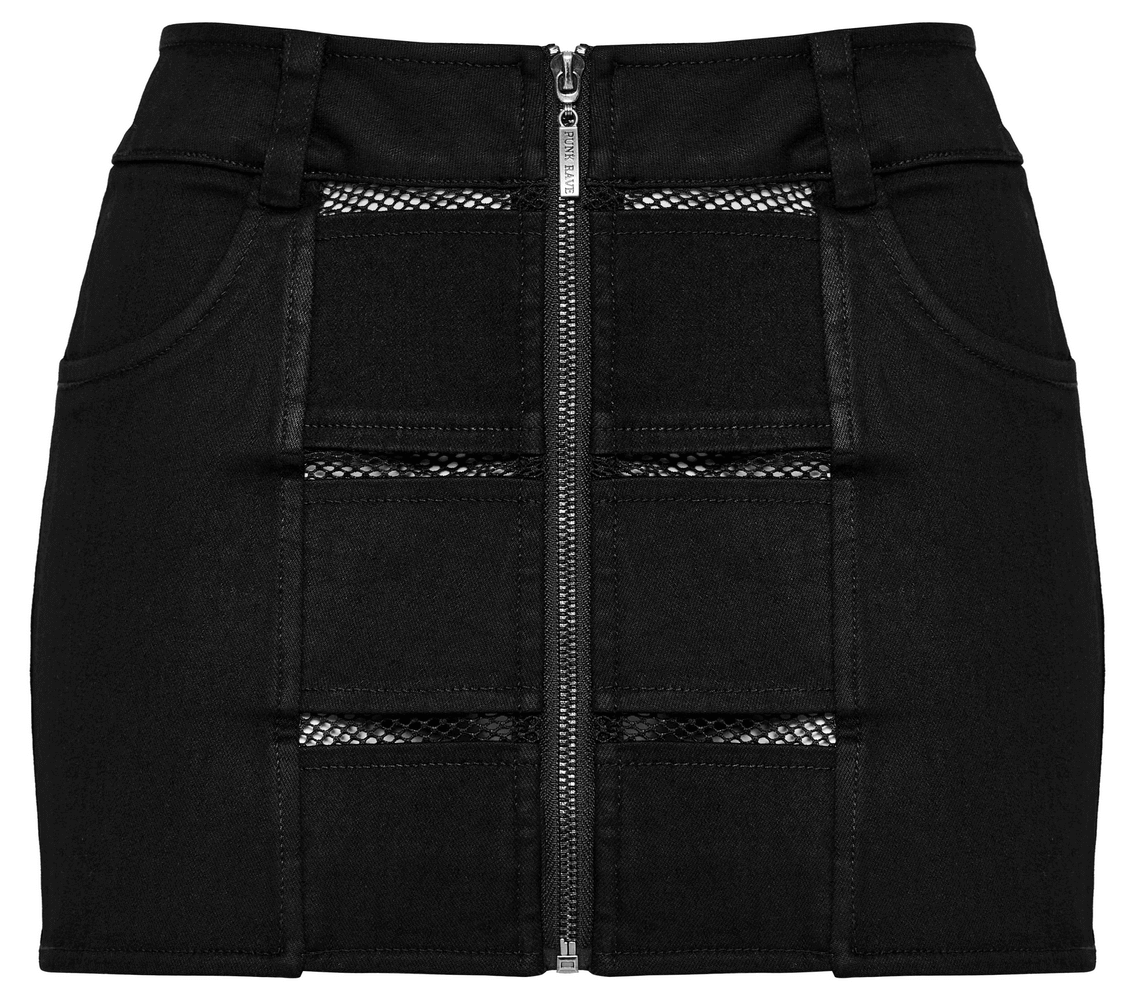 Edgy Mini Denim Skirt with Elastic Belt and Mesh Inserts