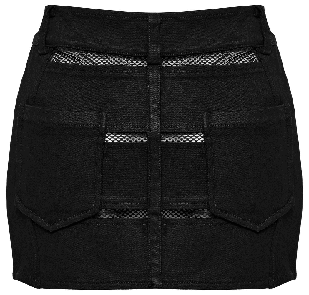 Edgy Mini Denim Skirt with Elastic Belt and Mesh Inserts