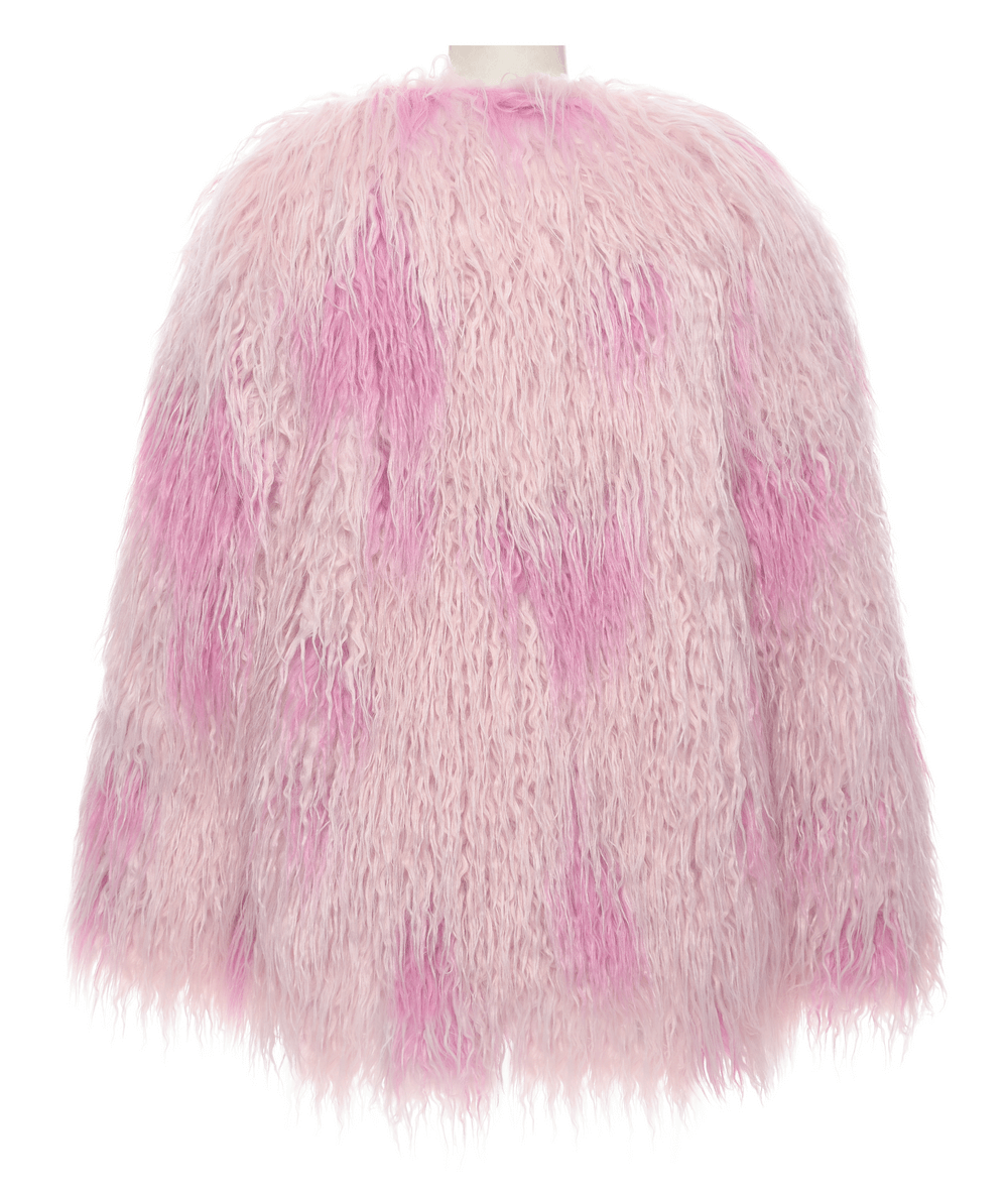 Edgy Pink Faux Fur Jacket with Leopard Print Interior