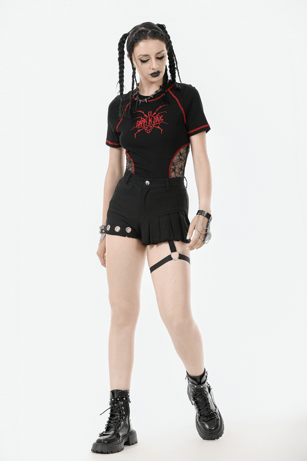 Edgy Pleated Shorts with Eyelet Accents and O-Ring Strap