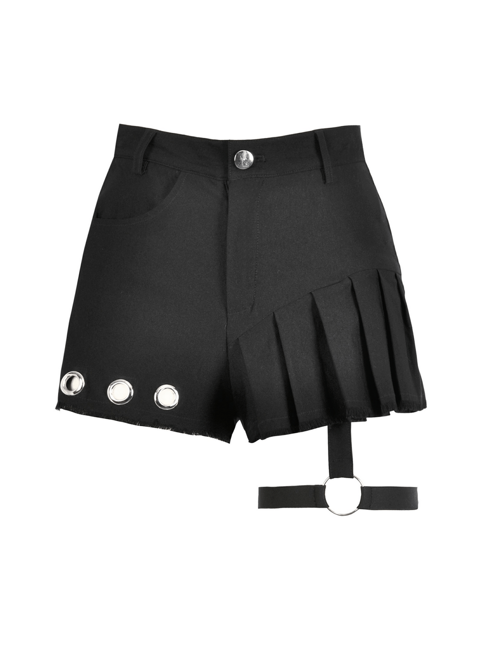 Edgy Pleated Shorts with Eyelet Accents and O-Ring Strap