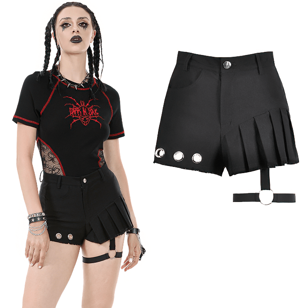 Edgy Pleated Shorts with Eyelet Accents and O-Ring Strap