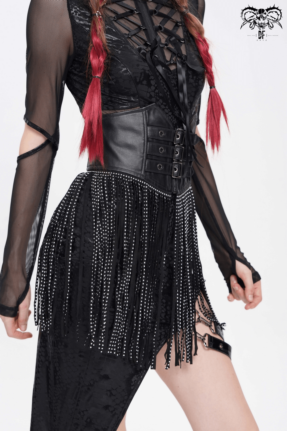 Edgy Waist Corset Belt with Studded Tassel Fringe