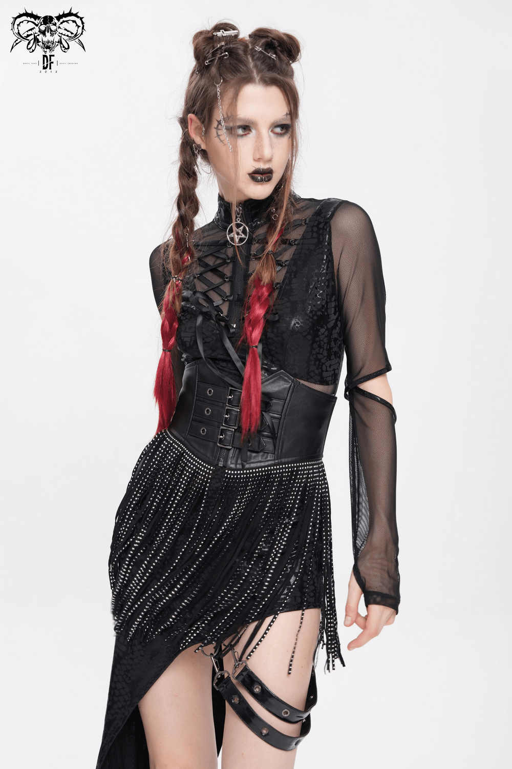 Edgy Waist Corset Belt with Studded Tassel Fringe