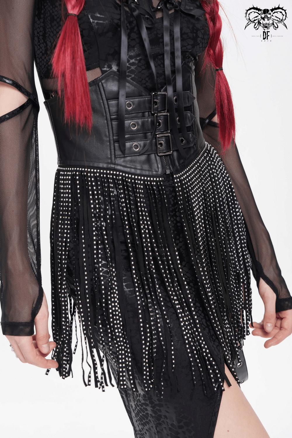 Edgy Waist Corset Belt with Studded Tassel Fringe