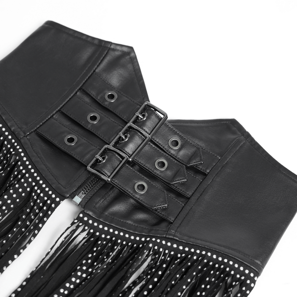 Edgy Waist Corset Belt with Studded Tassel Fringe