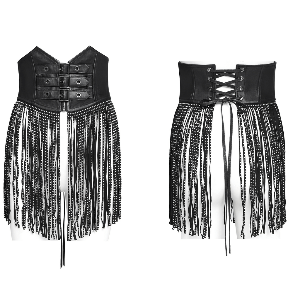 Edgy Waist Corset Belt with Studded Tassel Fringe