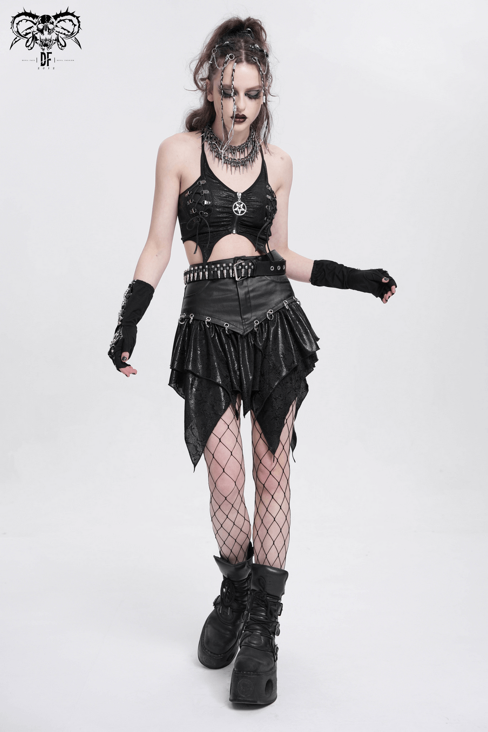 Edgy Women's Crop Top with Strappy Design and Pentagram