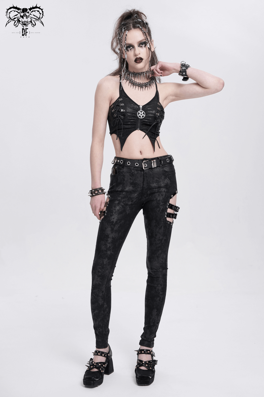 Edgy Women's Crop Top with Strappy Design and Pentagram