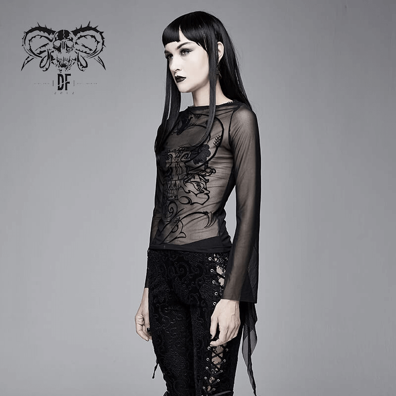 Elastic Mesh Top for Women / Long Sleeve Transparent Top