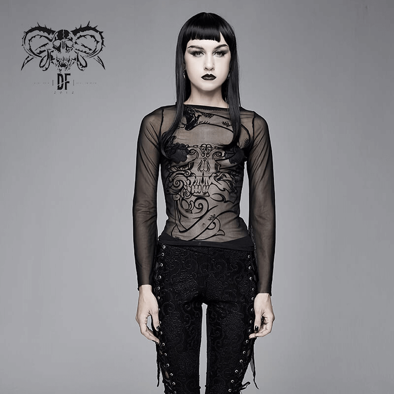 Elastic Mesh Top for Women / Long Sleeve Transparent Top