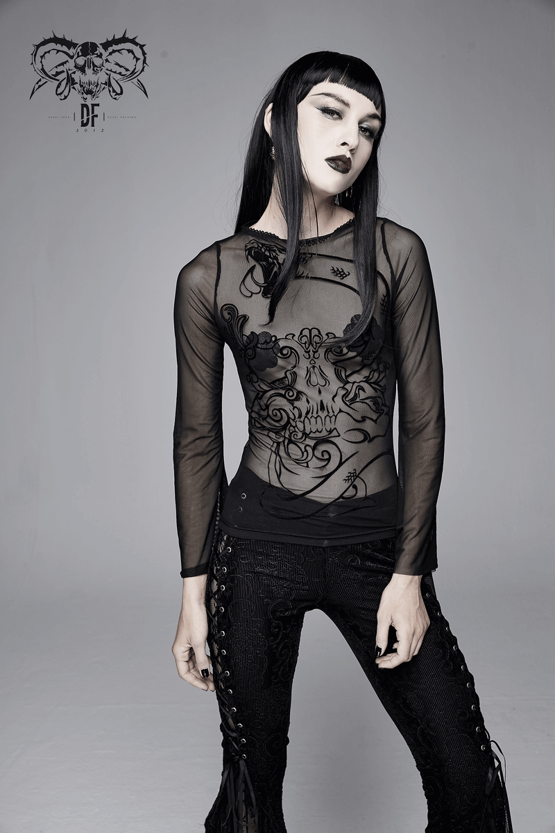 Elastic Mesh Top for Women / Long Sleeve Transparent Top