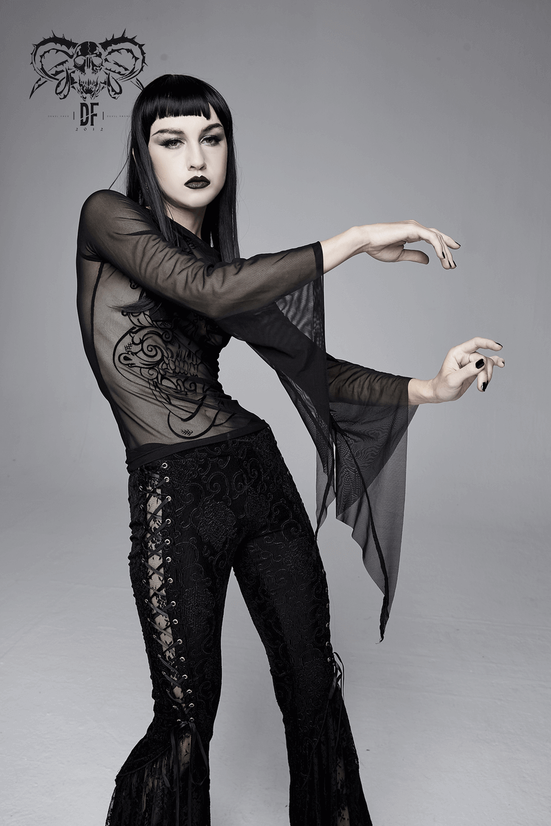 Elastic Mesh Top for Women / Long Sleeve Transparent Top