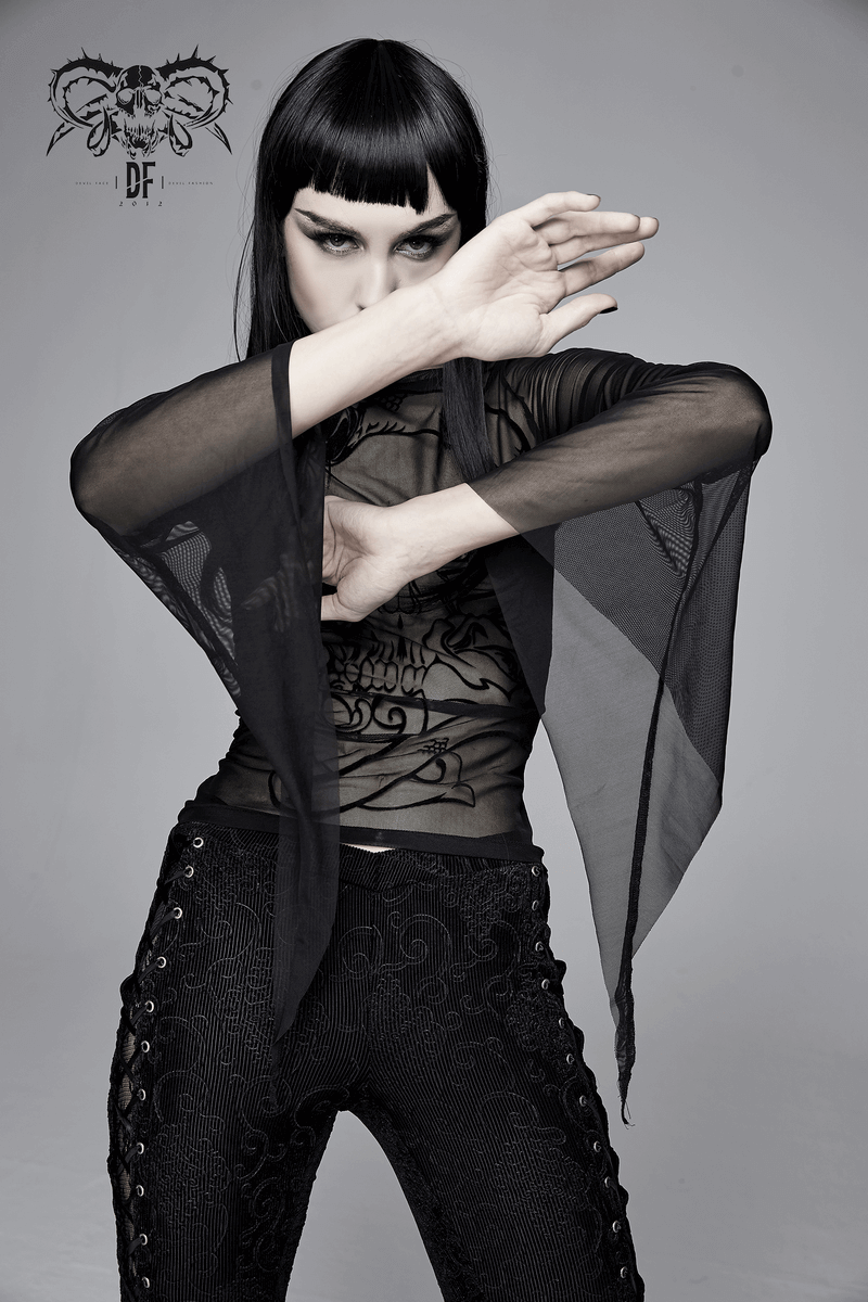 Elastic Mesh Top for Women / Long Sleeve Transparent Top