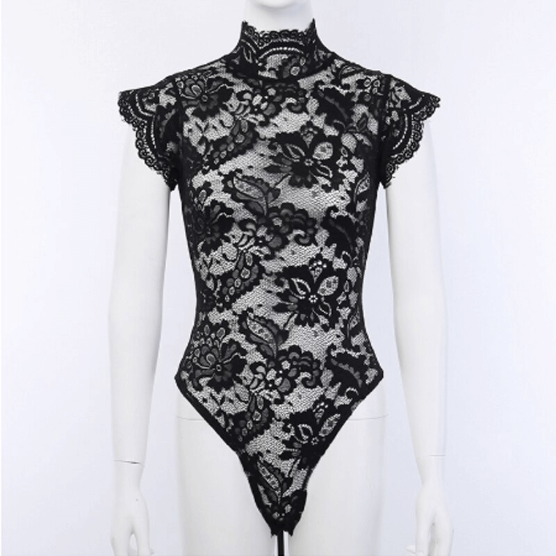 Elegant and Sexy Lace Bodysuit in Two Colors / Women's Turtleneck Leotard with Short Sleeve - EVE's SECRETS