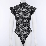 Elegant and Sexy Lace Bodysuit in Two Colors / Women's Turtleneck Leotard with Short Sleeve - EVE's SECRETS