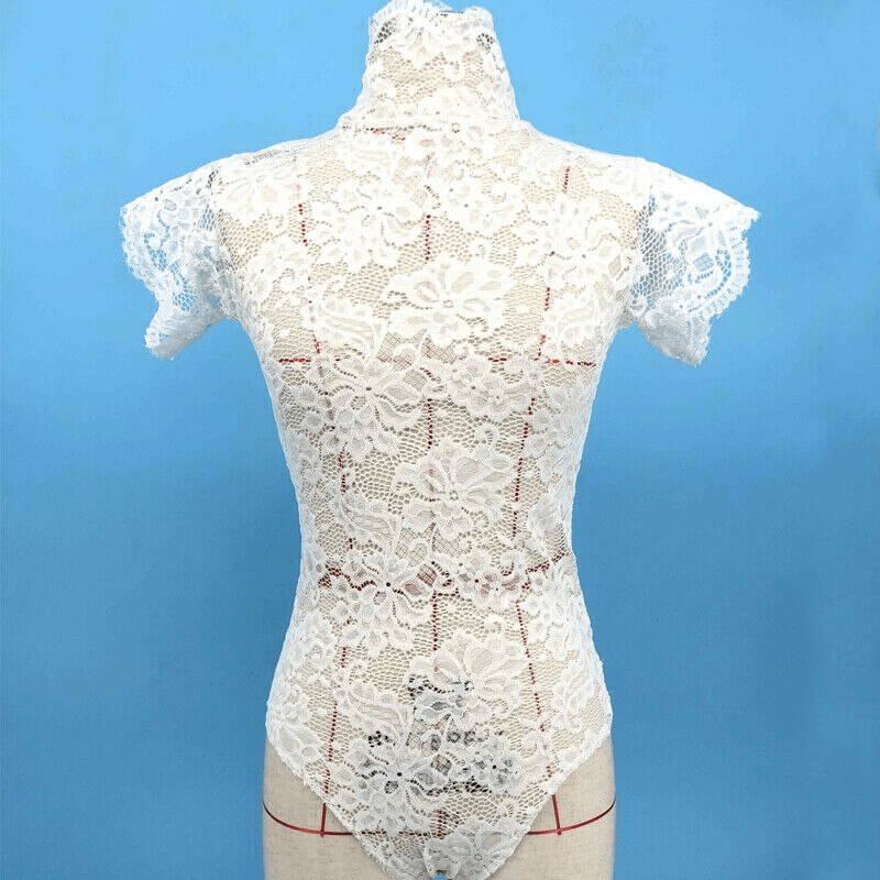 Elegant and Sexy Lace Bodysuit in Two Colors / Women's Turtleneck Leotard with Short Sleeve - EVE's SECRETS
