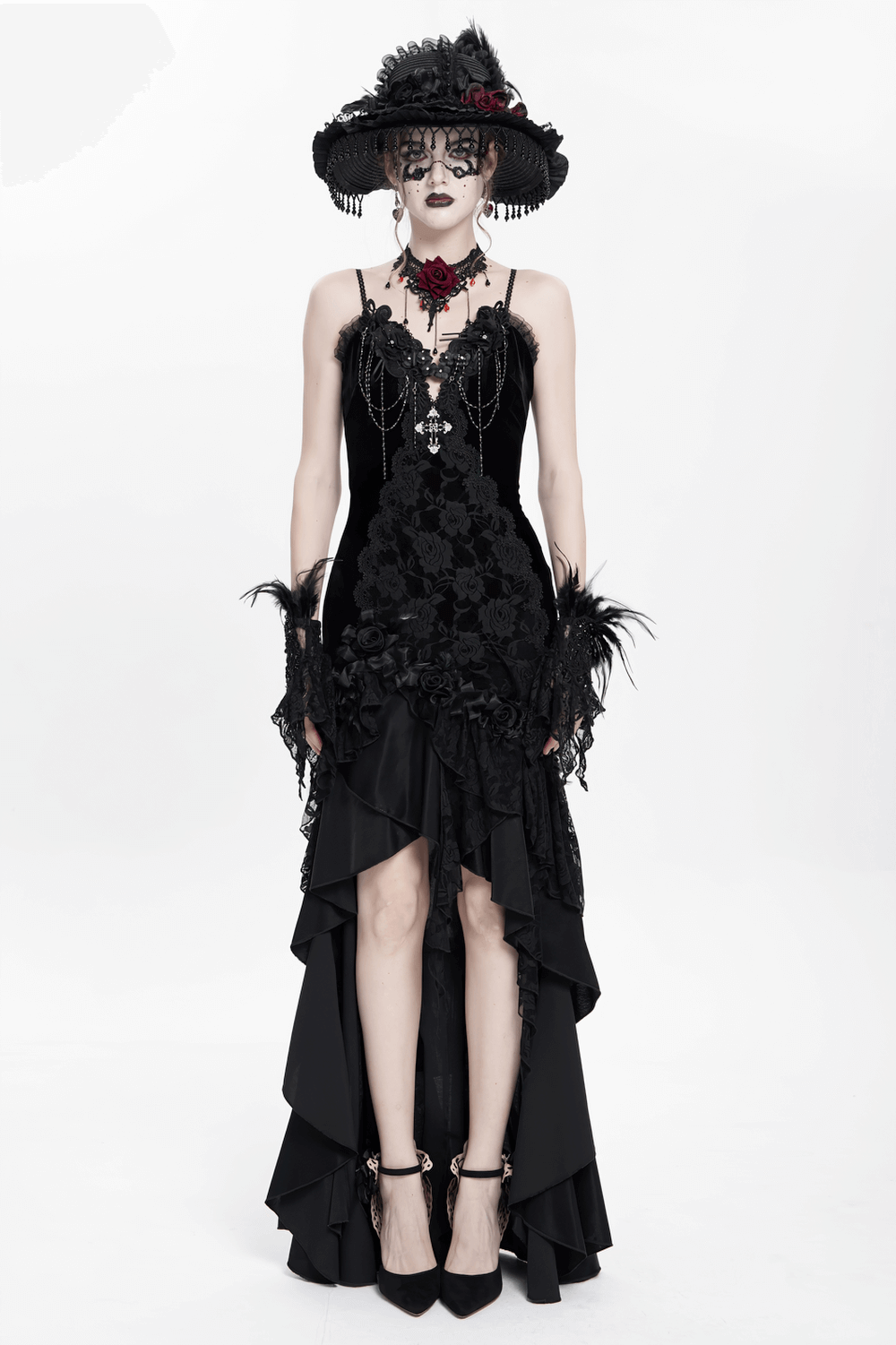 Elegant Black Gothic Lace and Velvet Formal Dress