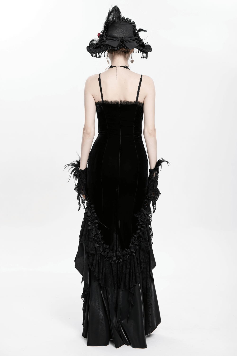 Elegant Black Gothic Lace and Velvet Formal Dress