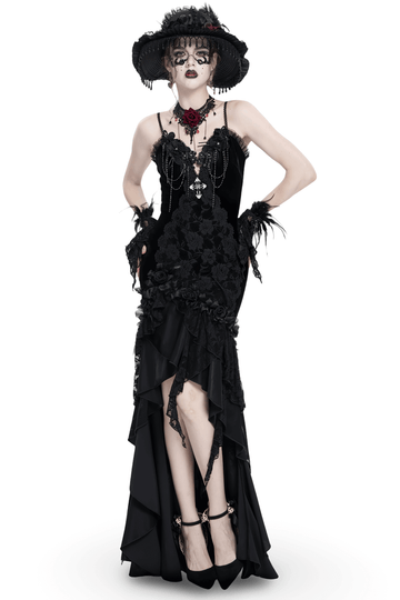 Elegant Black Gothic Lace and Velvet Formal Dress