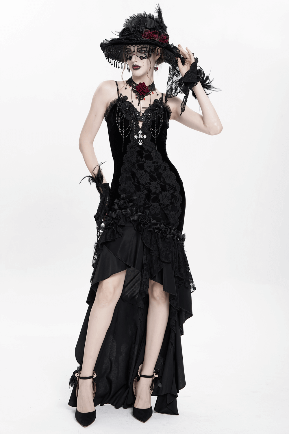 Elegant Black Gothic Lace and Velvet Formal Dress