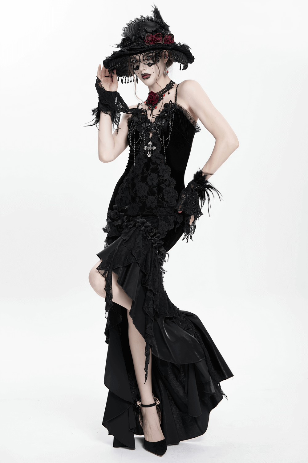 Elegant Black Gothic Lace and Velvet Formal Dress