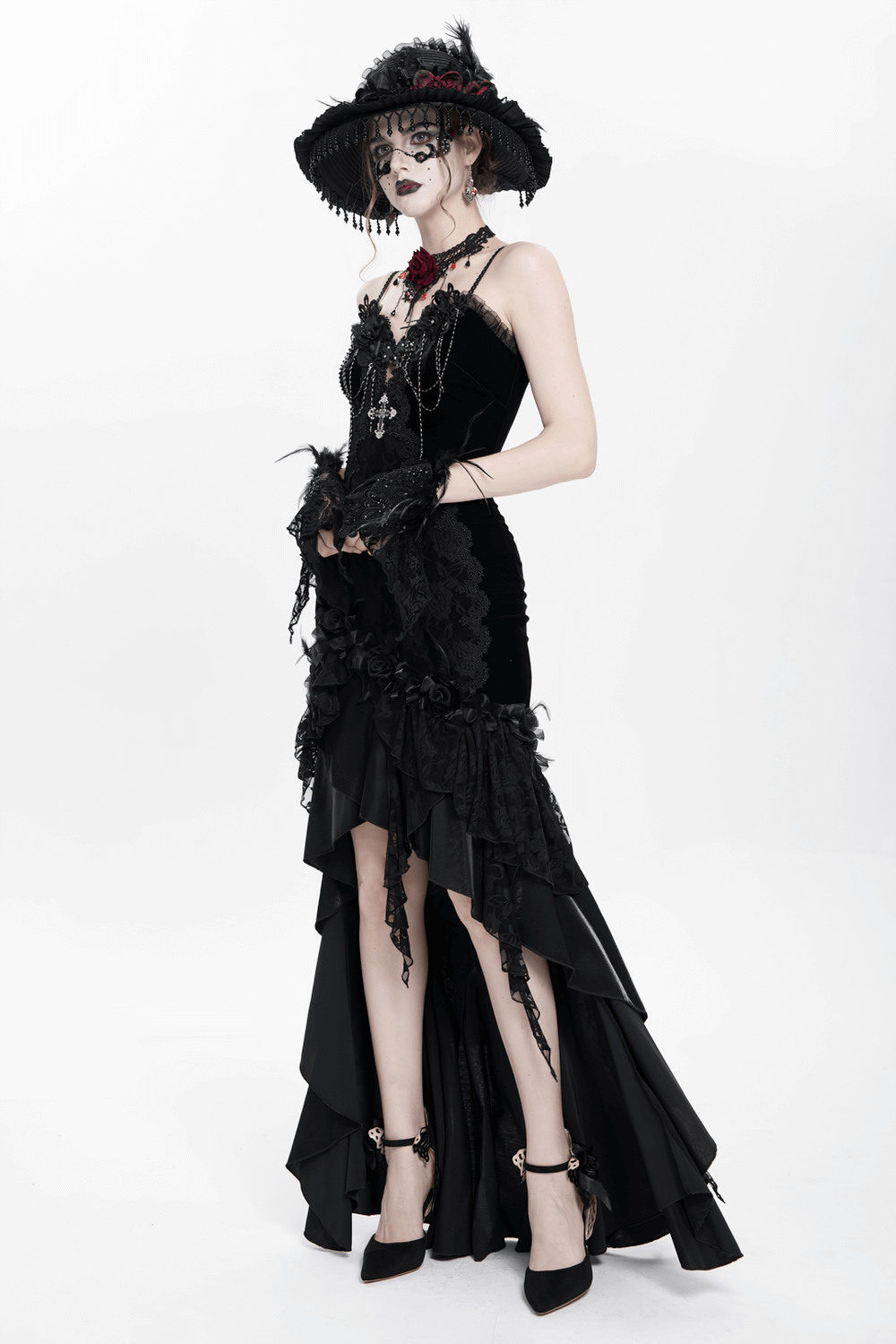 Elegant Black Gothic Lace and Velvet Formal Dress
