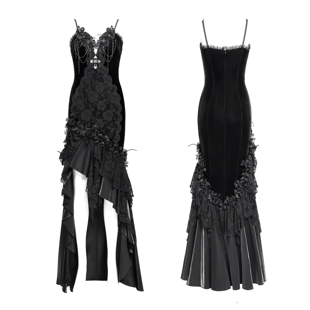 Elegant Black Gothic Lace and Velvet Formal Dress