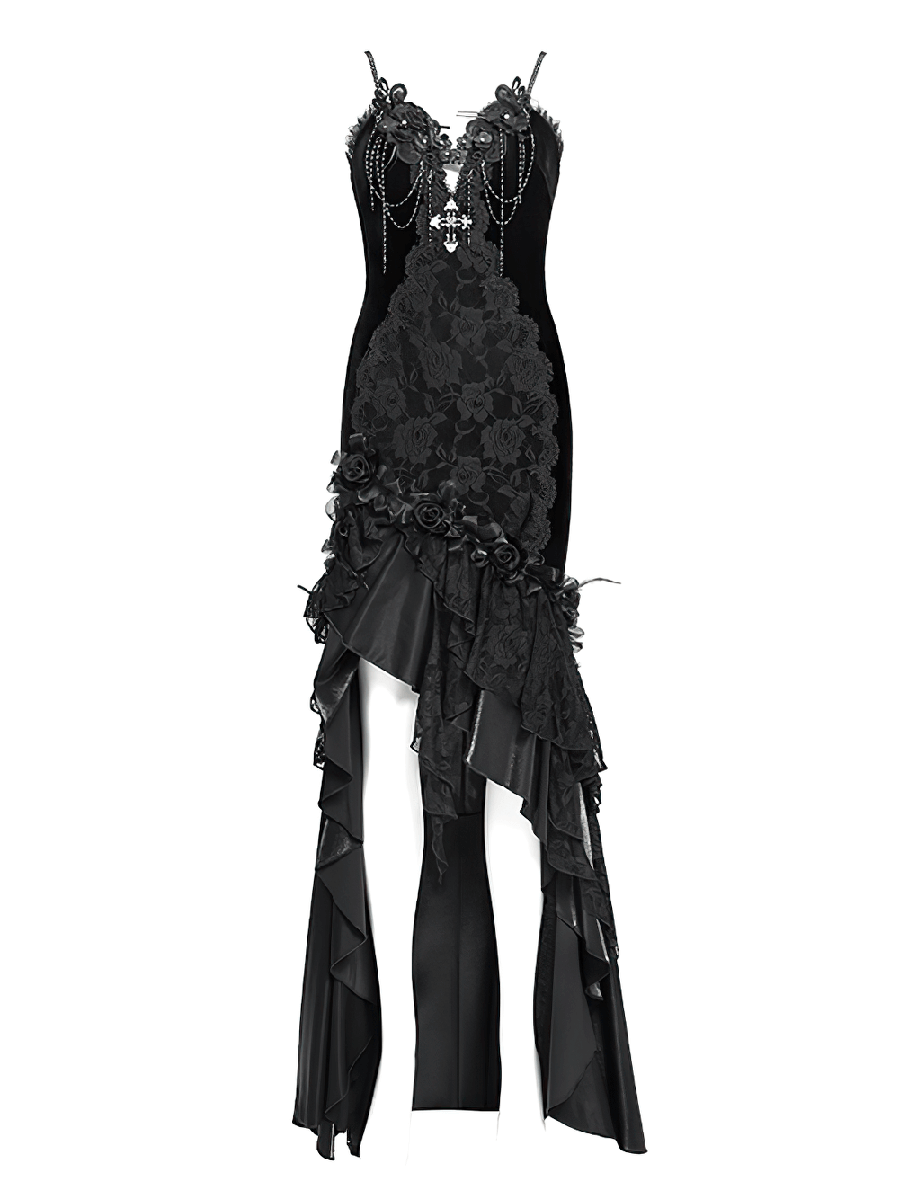 Elegant Black Gothic Lace and Velvet Formal Dress