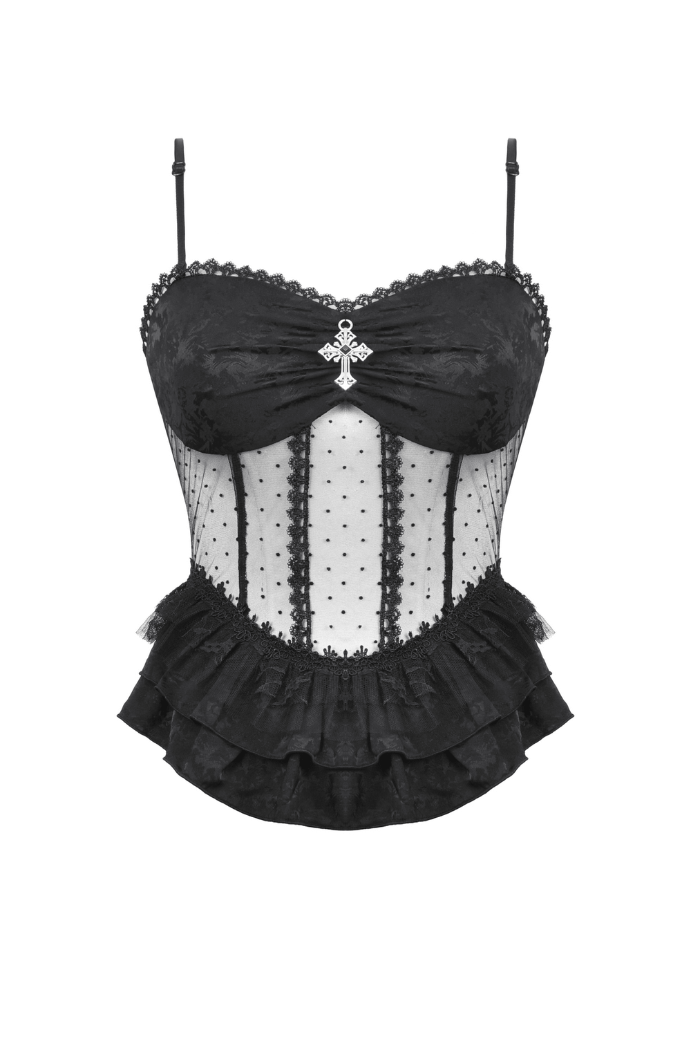 Elegant Corset-Style Top Featuring Lace and Polka Dot