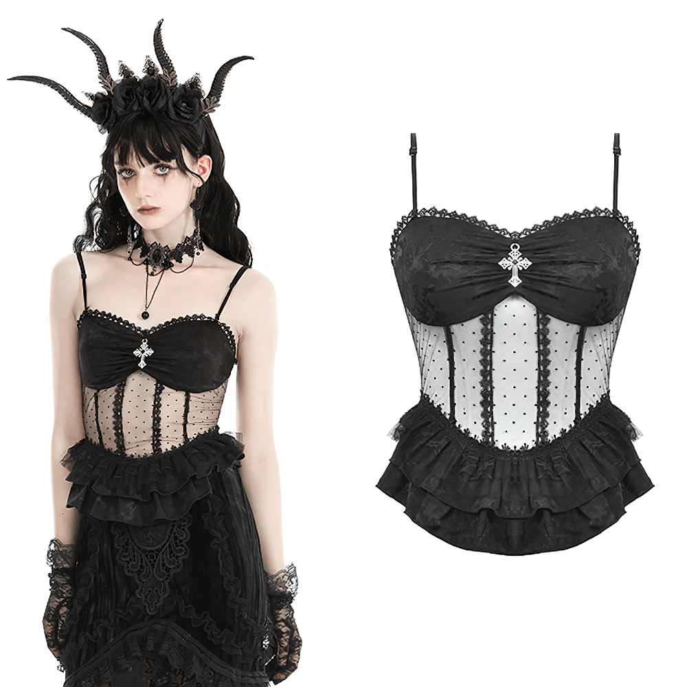 Elegant Corset-Style Top Featuring Lace and Polka Dot