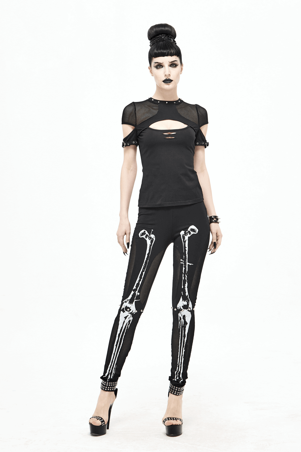 Elegant Gothic Black T-shirt with Hollow Mesh Detail