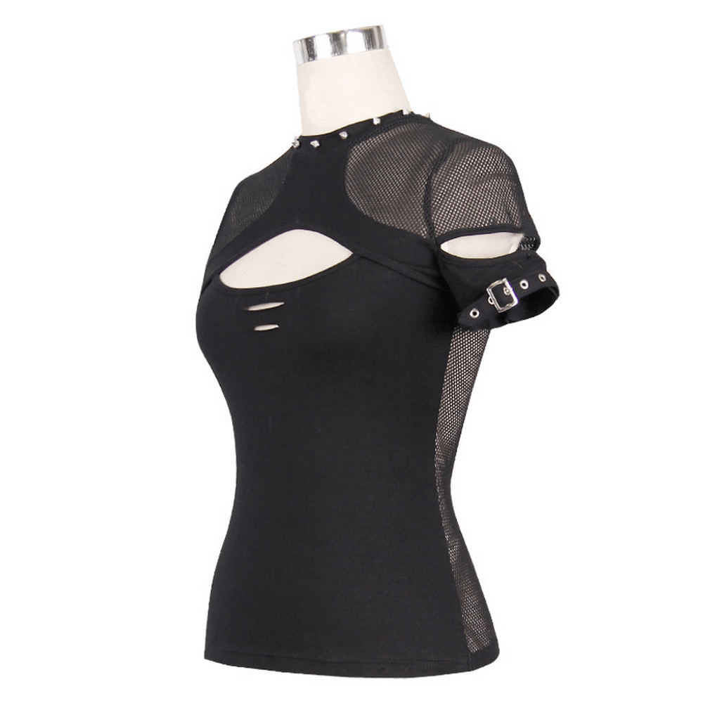 Elegant Gothic Black T-shirt with Hollow Mesh Detail