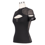 Elegant Gothic Black T-shirt with Hollow Mesh Detail