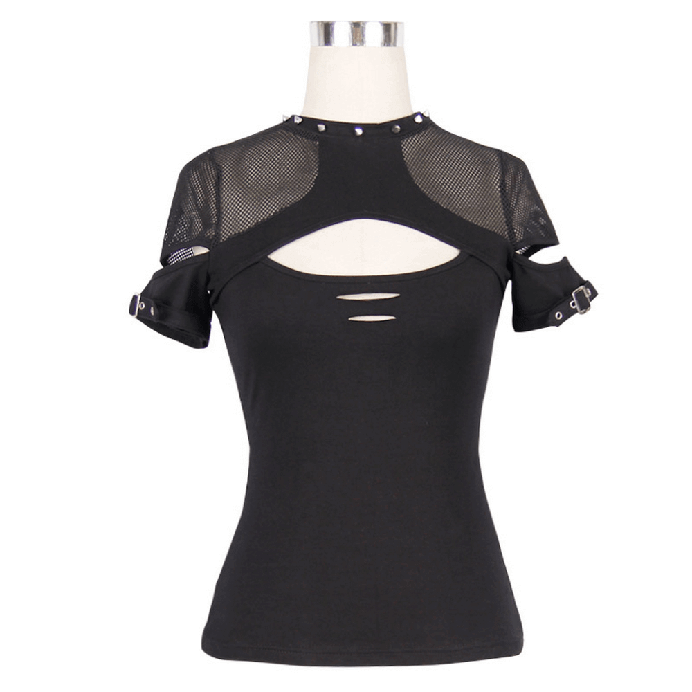 Elegant Gothic Black T-shirt with Hollow Mesh Detail