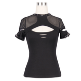 Elegant Gothic Black T-shirt with Hollow Mesh Detail