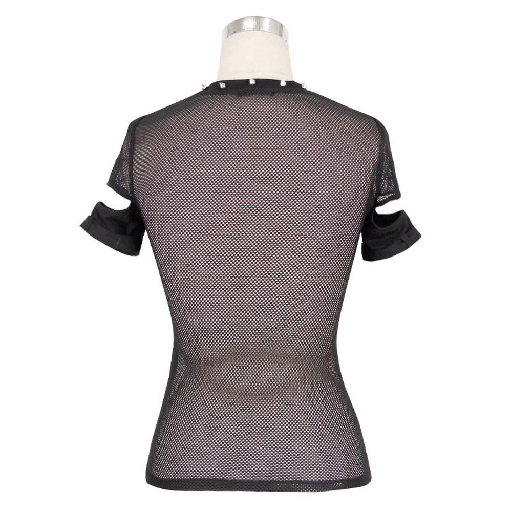 Elegant Gothic Black T-shirt with Hollow Mesh Detail