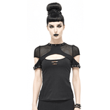 Elegant Gothic Black T-shirt with Hollow Mesh Detail