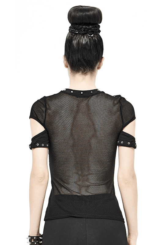 Elegant Gothic Black T-shirt with Hollow Mesh Detail