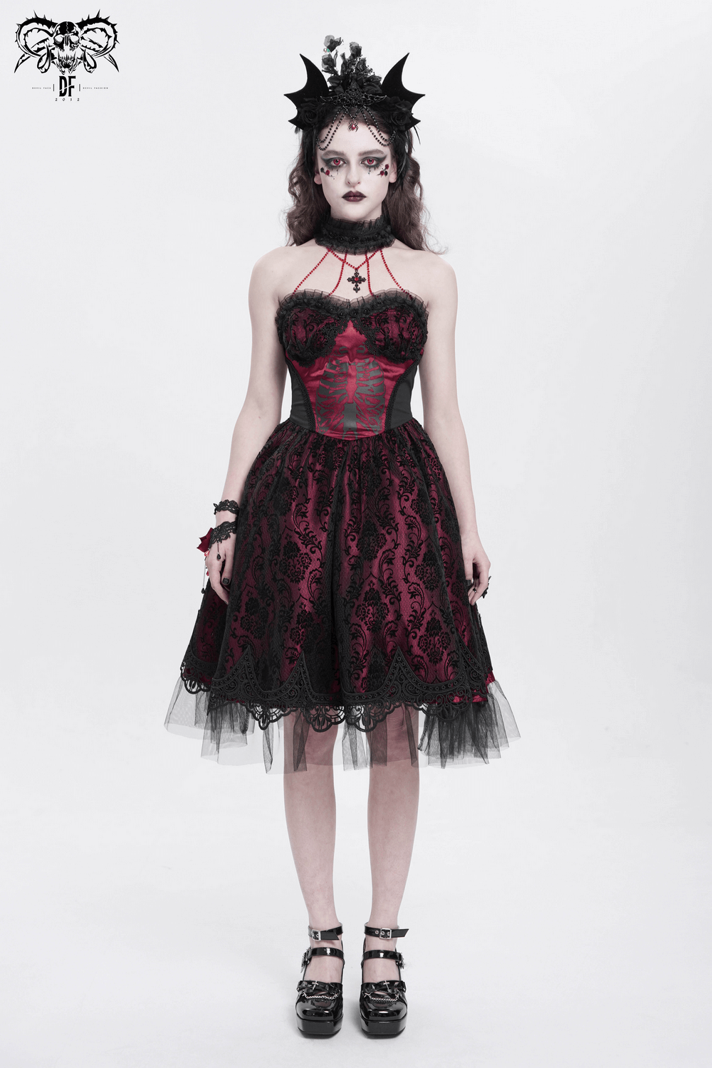 Elegant Gothic Tulle Dress with Lace and Bone Motif