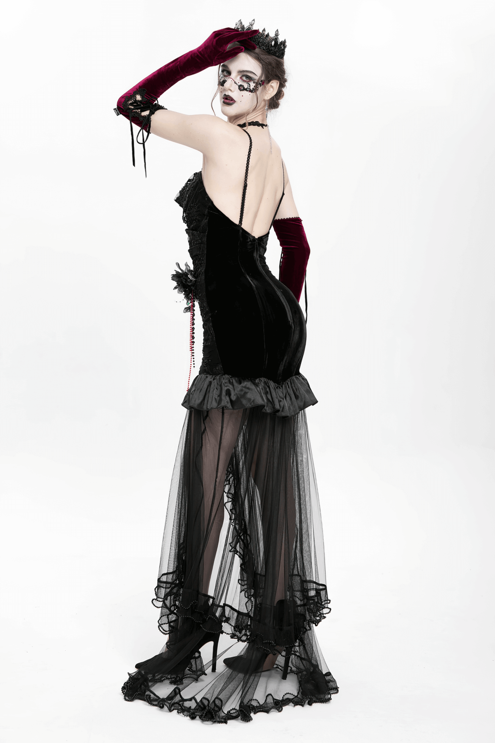 Elegant Gothic Velvet High-Low Dress with Sheer Black Mesh