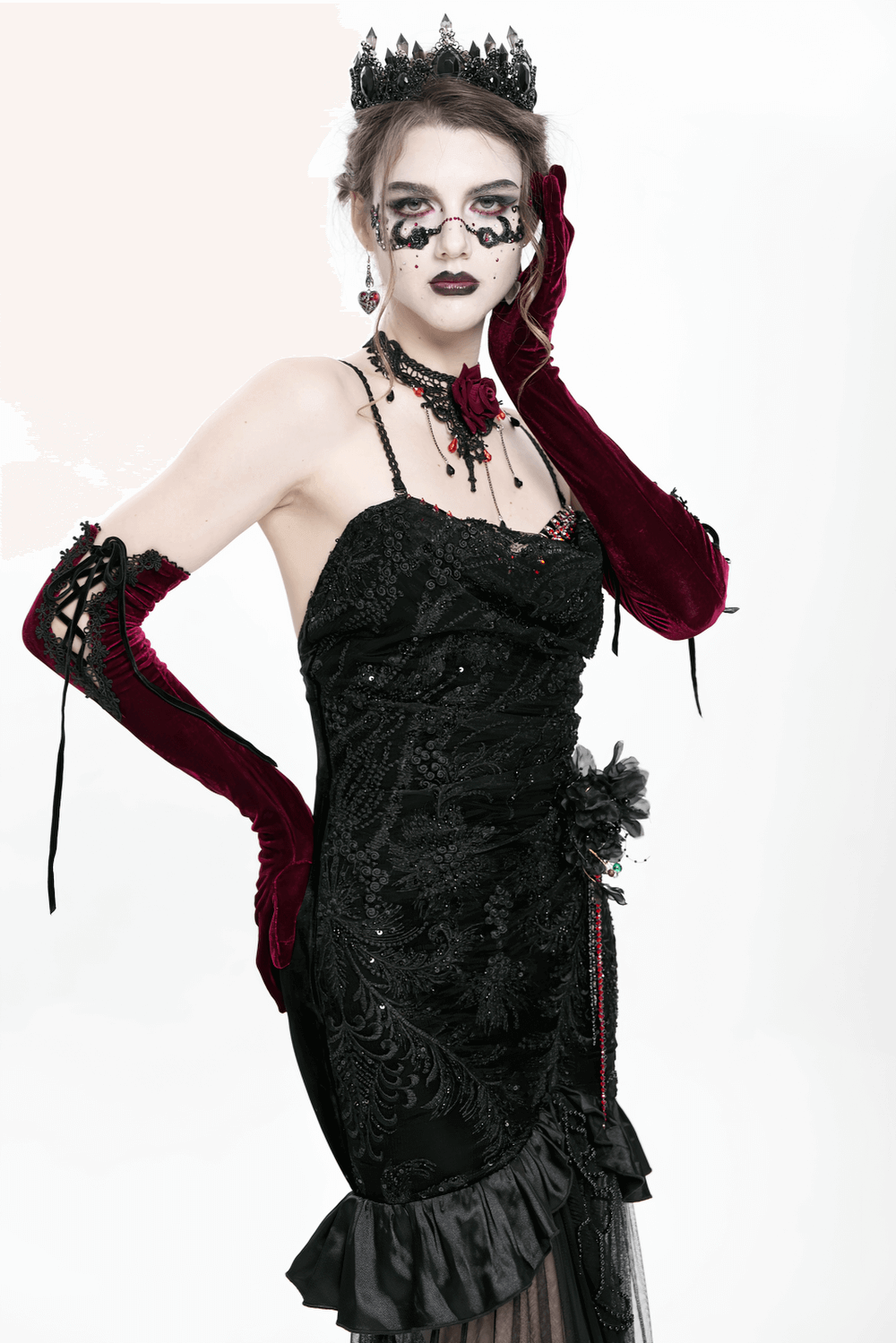 Elegant Gothic Velvet High-Low Dress with Sheer Black Mesh