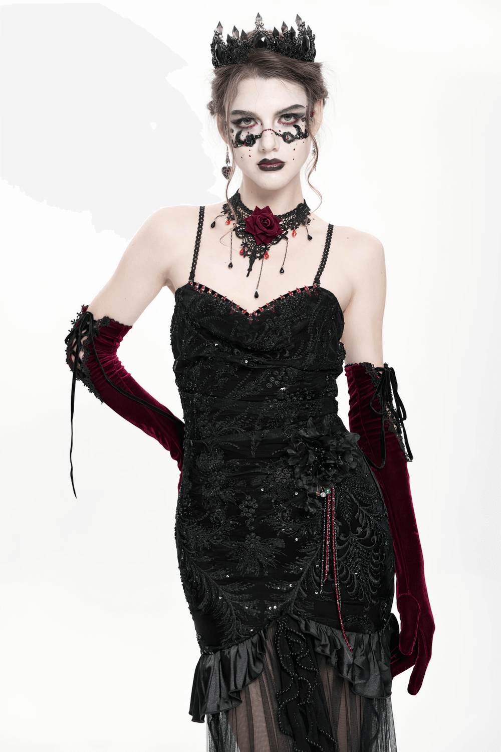 Elegant Gothic Velvet High-Low Dress with Sheer Black Mesh