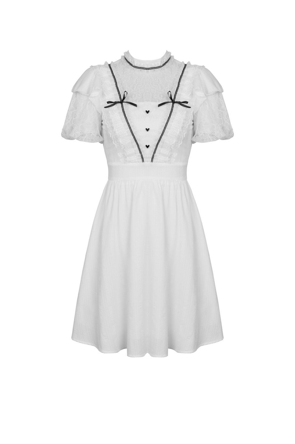 Elegant White Dress with Short Puff Sleeves and Lace Trim